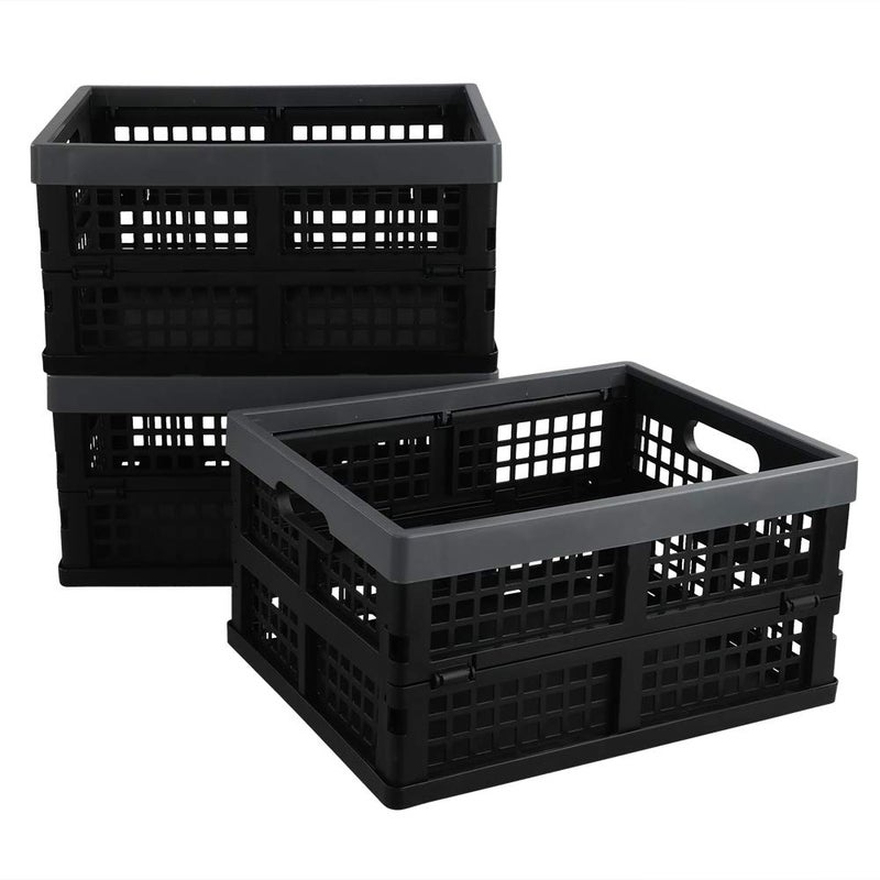 Fiazony 3-Pack 15 L Plastic Collapsible Crate, Folding Storage Baskets, Black - Image 1